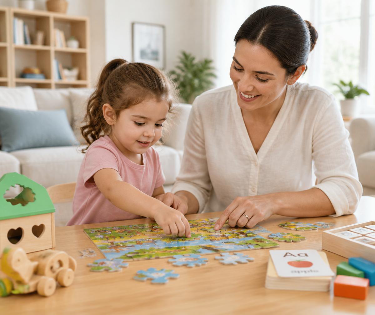 A parent and young child assembling a colourful jigsaw puzzle together at a table with wooden toys and flash cards.