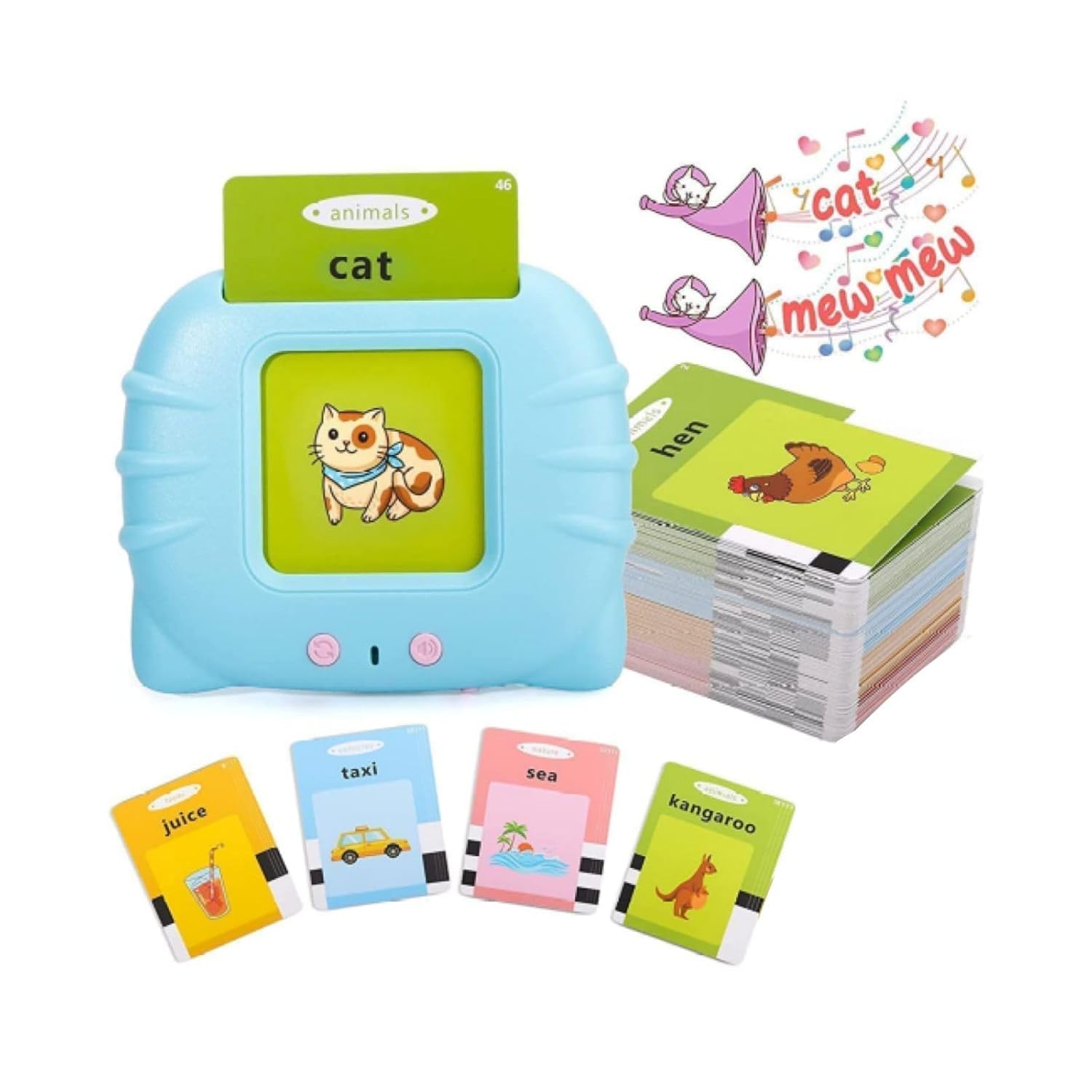 Educational toy set with a card reader, a stack of flashcards, and individual cards showing juice, taxi, sea, and kangaroo.