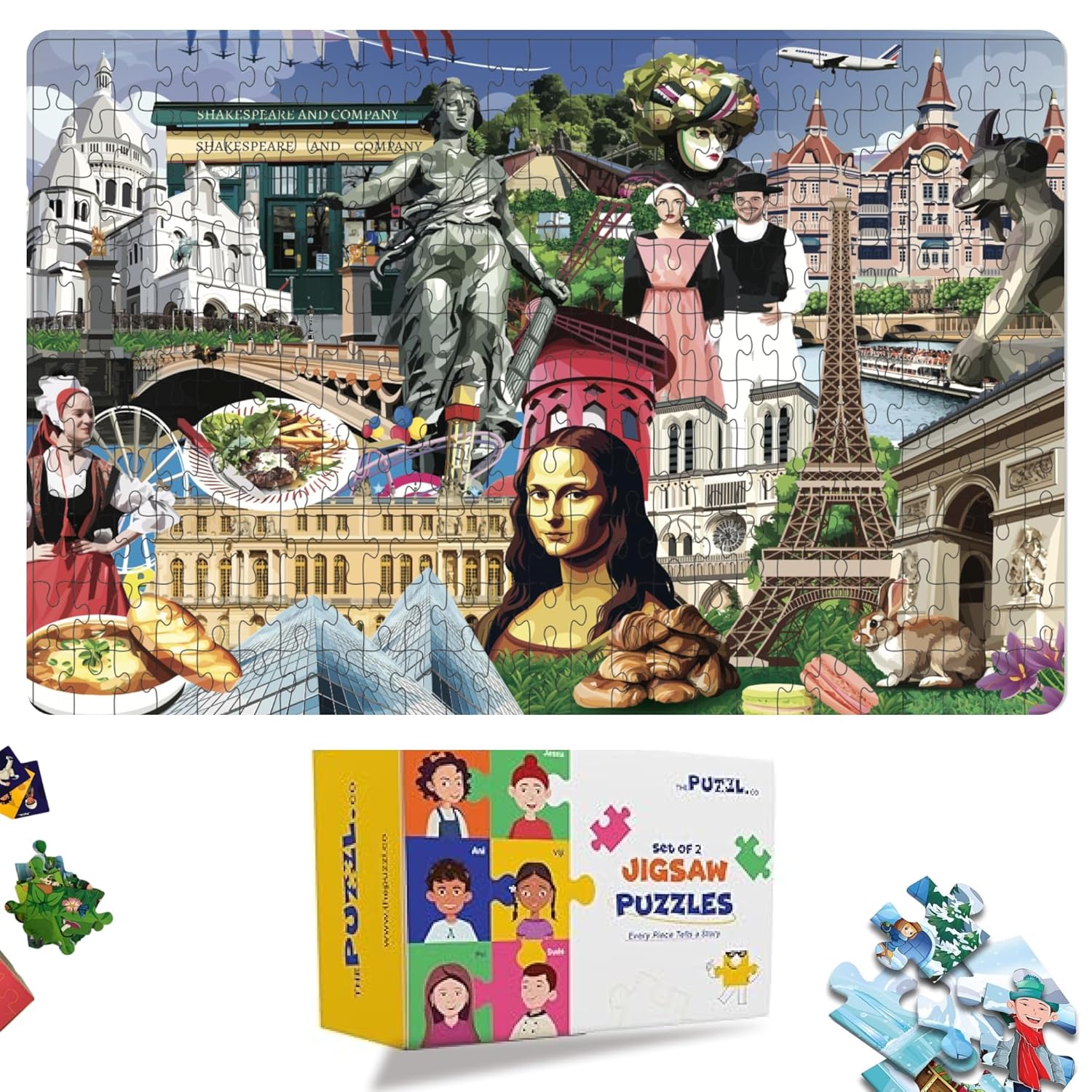 A set of two jigsaw puzzles featuring various iconic landmarks and cultural symbols of Paris, including the Eiffel Tower, the Louvre Pyramid, and the Mona Lisa.