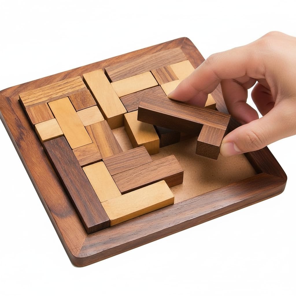 A hand placing a wooden puzzle piece into a wooden board game.
