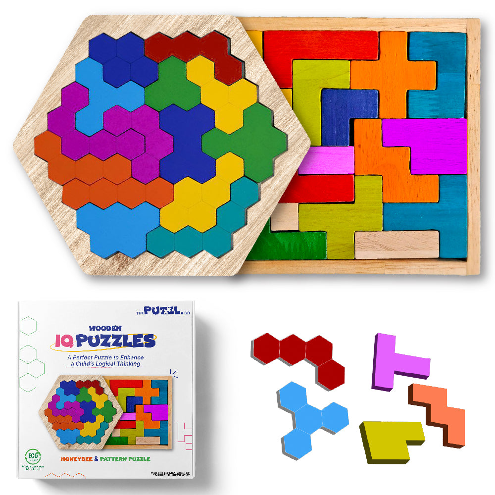 Wooden Pattern Puzzles - Set of 2, Square & Hexagon, 4+ Yrs