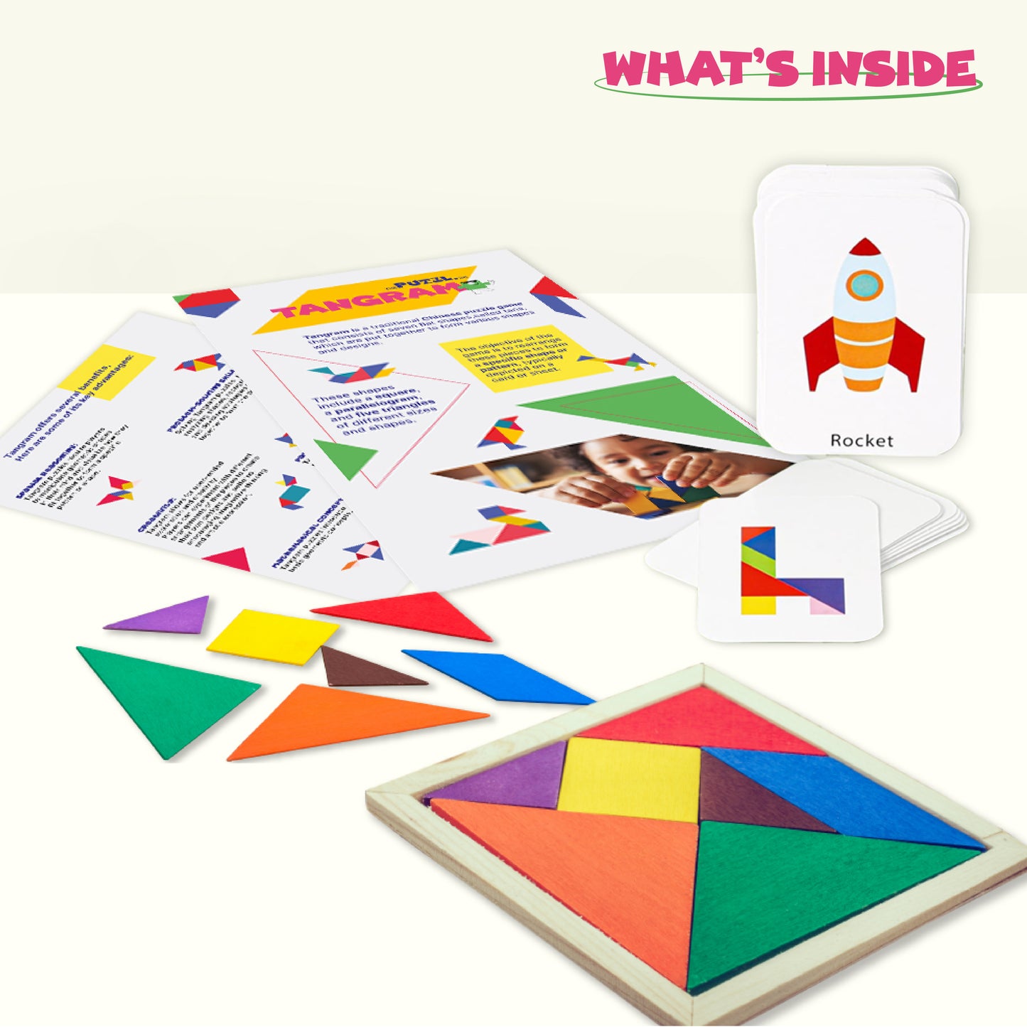 Wooden Tangram, 7 Blocks & Flash Cards, Age 4+ Yrs