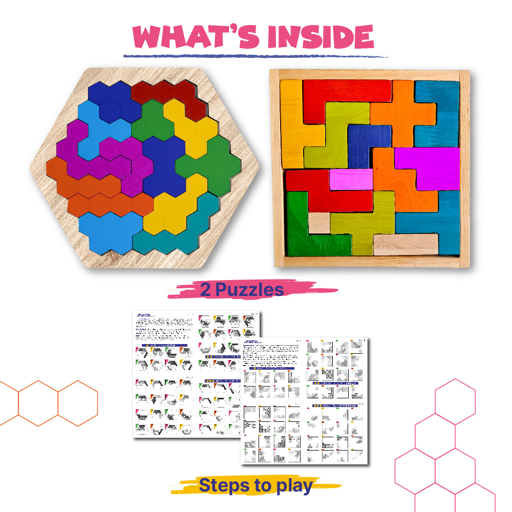 Wooden Pattern Puzzles - Set of 2, Square & Hexagon, 4+ Yrs