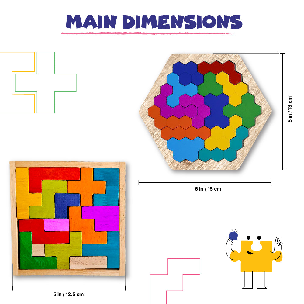 Wooden Pattern Puzzles - Set of 2, Square & Hexagon, 4+ Yrs